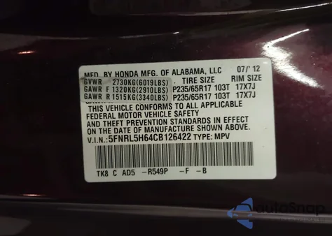 2012 Honda Odyssey Ex-L z USA, uszkodzony, nr VIN 5FNRL5H64CB126422